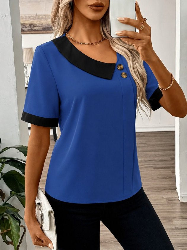Bluz Dubai pentru femei cu maneca scurta, guler asimetric, nasturi si detalii, 35799