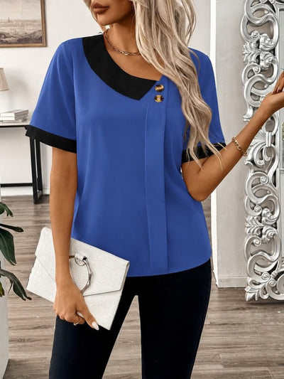 Bluz Dubai pentru femei cu maneca scurta, guler asimetric, nasturi si detalii, 35799