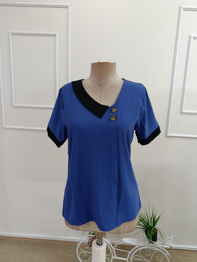 Bluz Dubai pentru femei cu maneca scurta, guler asimetric, nasturi si detalii, 35799