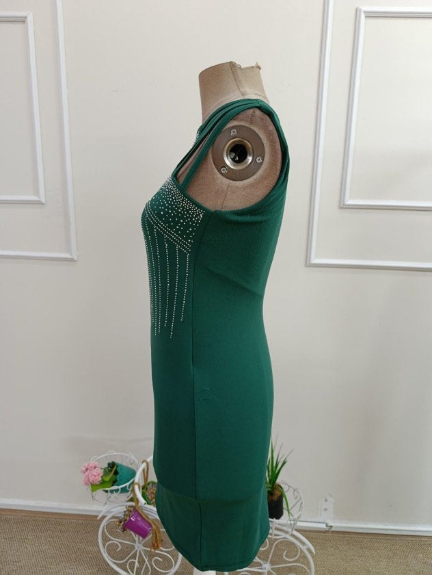 Rochie crep Janjan scurta pentru femei cu umerii goi, snur decorativ si detalii cu pietricele, 35802
