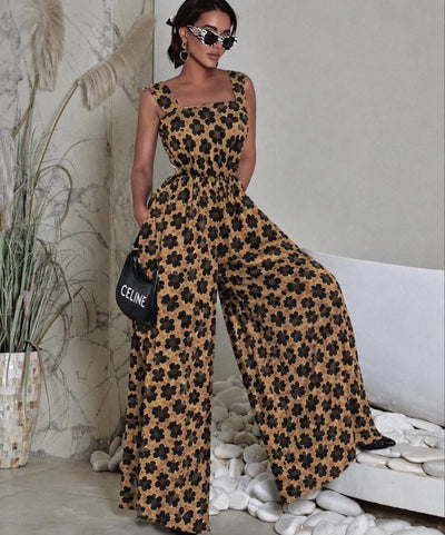 Salopetă din Satin de Bumbac, Femeie, Cureluțe, Gât Pătrat, Model Geometric, Fără Curea, Lungime Lungă, 36804