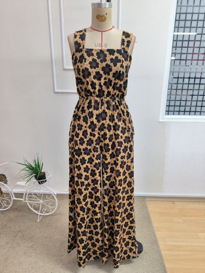Salopetă din Satin de Bumbac, Femeie, Cureluțe, Gât Pătrat, Model Geometric, Fără Curea, Lungime Lungă, 36804