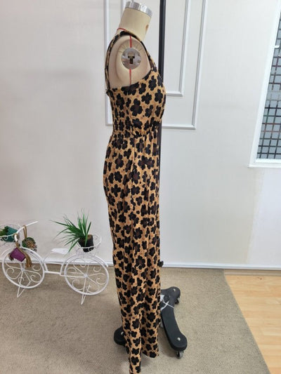 Salopetă din Satin de Bumbac, Femeie, Cureluțe, Gât Pătrat, Model Geometric, Fără Curea, Lungime Lungă, 36804