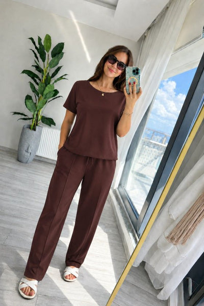 Set din doi piese pentru femei, bluză și pantalon, din viscoză două fire, guler rotund, 35857