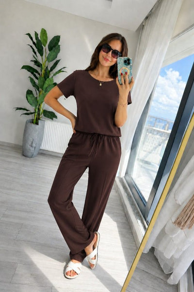 Set din doi piese pentru femei, bluză și pantalon, din viscoză două fire, guler rotund, 35857