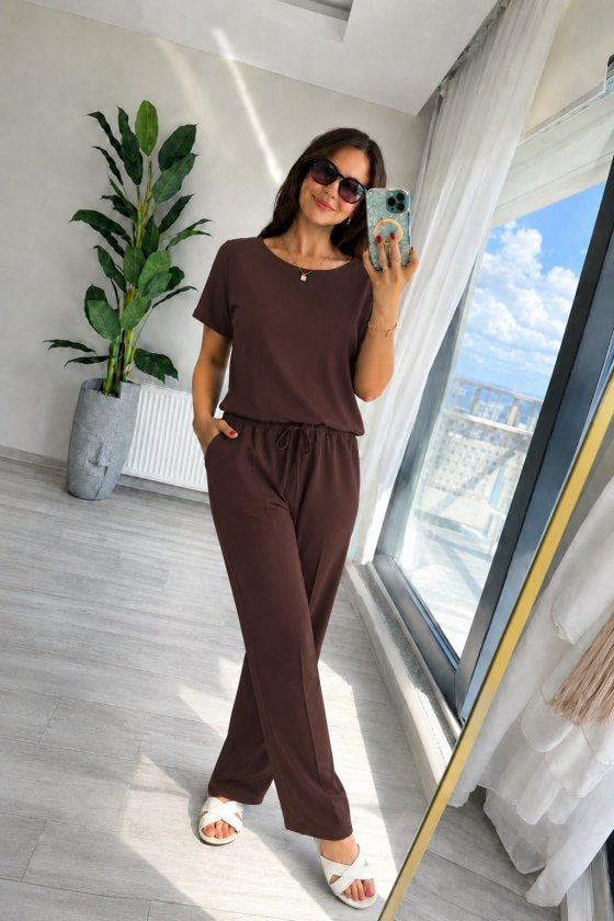 Set din doi piese pentru femei, bluză și pantalon, din viscoză două fire, guler rotund, 35857