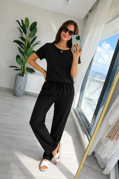 Set din doi piese pentru femei, bluză și pantalon, din viscoză două fire, guler rotund, 35858