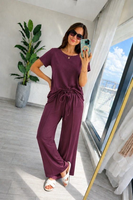 Set din doi piese pentru femei, bluză și pantalon, din viscoză două fire, guler rotund, 35859