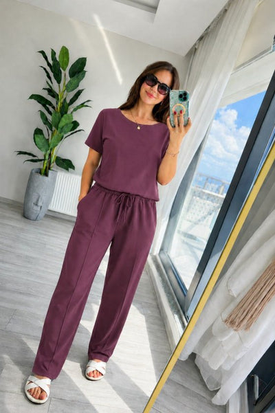 Set din doi piese pentru femei, bluză și pantalon, din viscoză două fire, guler rotund, 35859