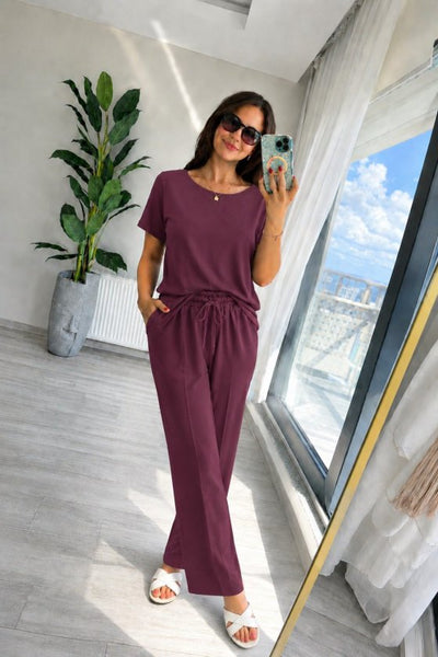 Set din doi piese pentru femei, bluză și pantalon, din viscoză două fire, guler rotund, 35859