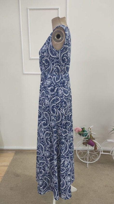 Rochie lungă din bumbac pentru femei, fără mâneci, guler crăciun, fără curea, model, 35919