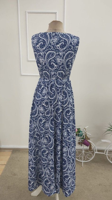 Rochie lungă din bumbac pentru femei, fără mâneci, guler crăciun, fără curea, model, 35919