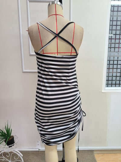 Rochie scurtă din bumbac pentru femei, bretele, guler degajat pe față, detaliu crăciun pe spate, model pe dungi, buznuire pe laturi, 35962