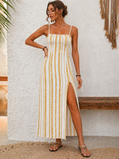 Rochie lungă din bumbac pentru femei, bretele, model cu tăieturi, 35925