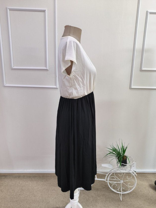 Rochie midi din viscoză pentru femei, mânecă scurtă, guler crăciun, culoare două pe culoare, 35931