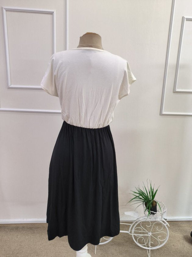 Rochie midi din viscoză pentru femei, mânecă scurtă, guler crăciun, culoare două pe culoare, 35931