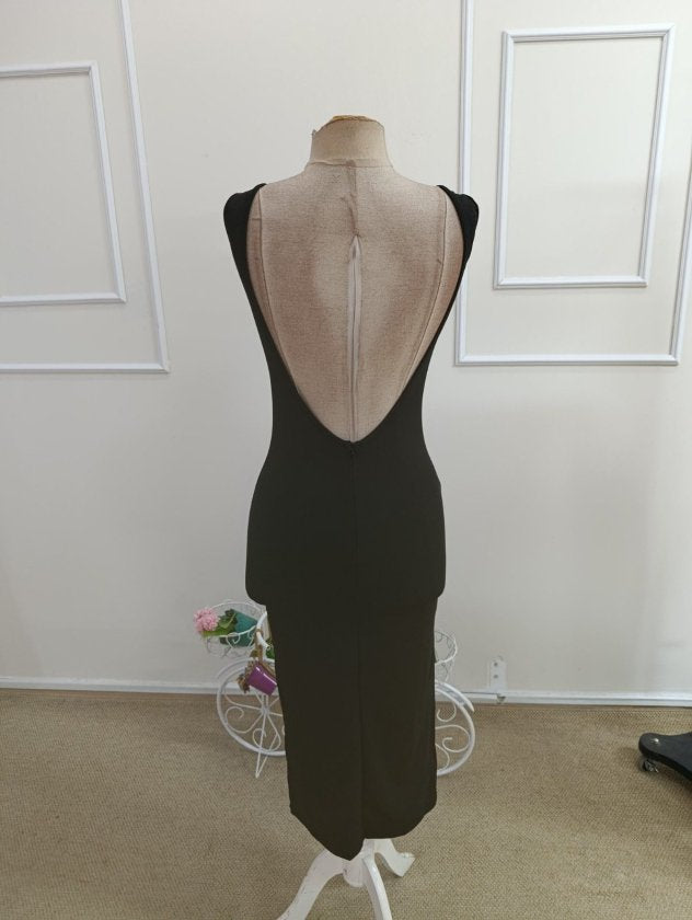 Rochie midi din ondulat pentru femei, bretele, guler rotund adânc, spate deschis, 35932