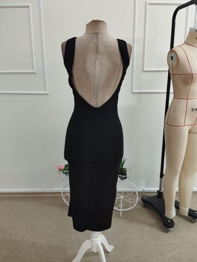 Rochie midi din ondulat pentru femei, bretele, guler rotund adânc, spate deschis, 35933