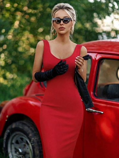 Rochie midi din ondulat pentru femei, bretele, guler rotund adânc, spate deschis, 35934