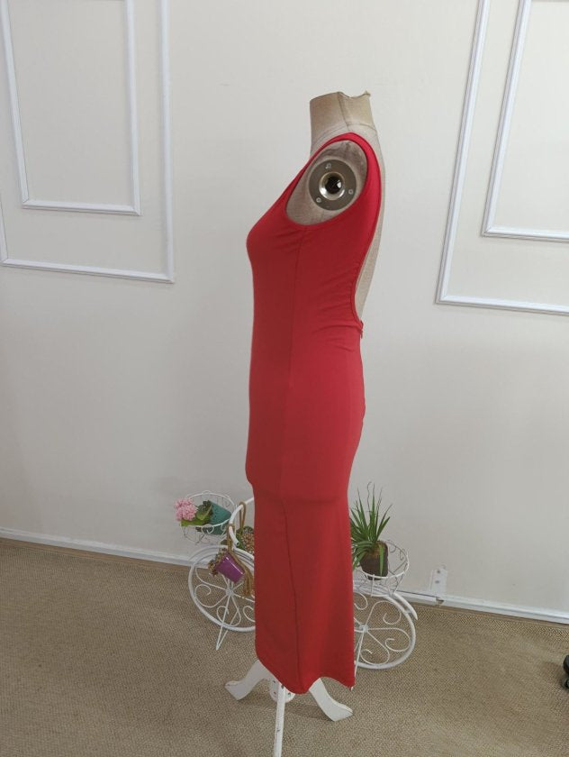 Rochie midi din ondulat pentru femei, bretele, guler rotund adânc, spate deschis, 35934