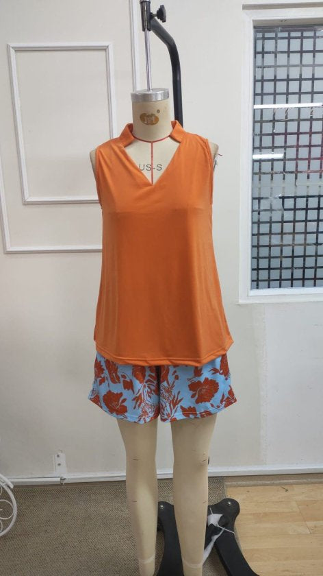 Kadın Askılı V Yakalı Sandy Bluz Ve Desenli Short Ikili Takım , 37152