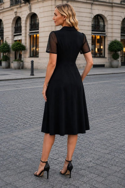 Rochie de damă midi din crep importat, cu mânecă scurtă, guler și nasturi frontali, 36605