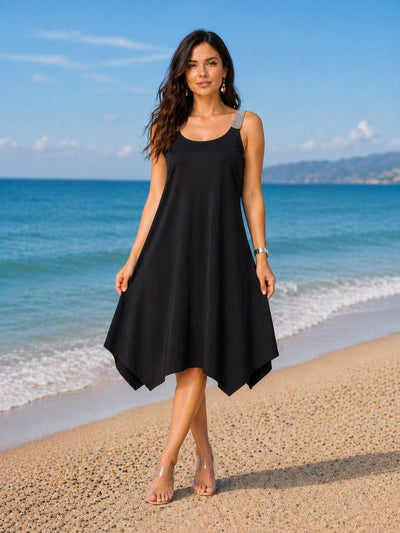 Rochie midi din viscoză pentru femei, bretele, guler rotund, detaliu croit asimetric, 35981