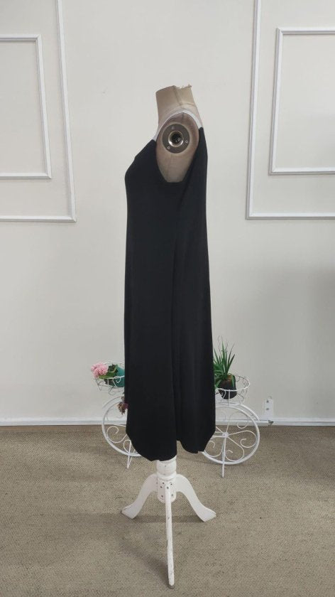 Rochie midi din viscoză pentru femei, bretele, guler rotund, detaliu croit asimetric, 35981