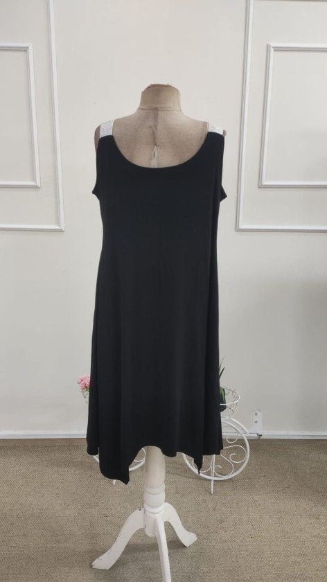 Rochie midi din viscoză pentru femei, bretele, guler rotund, detaliu croit asimetric, 35981