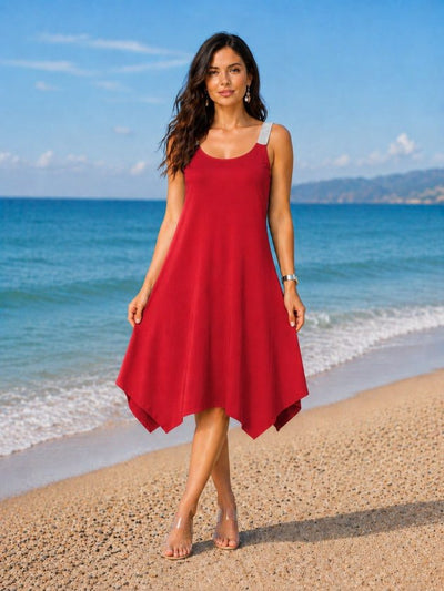 Rochie midi din viscoză pentru femei, bretele, guler rotund, detaliu croit asimetric, 35982