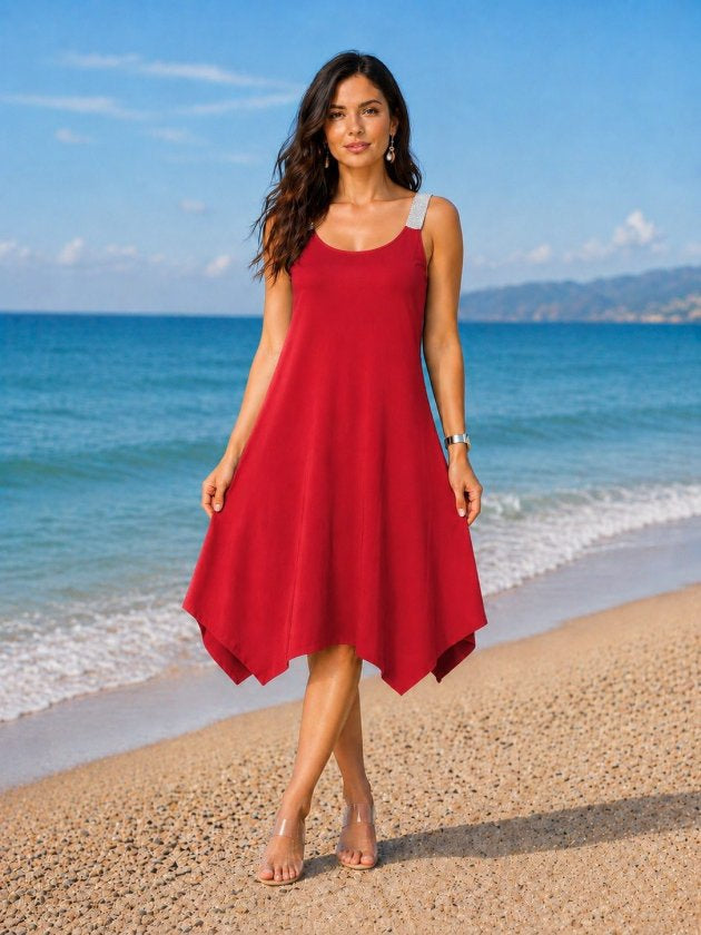 Rochie midi din viscoză pentru femei, bretele, guler rotund, detaliu croit asimetric, 35982