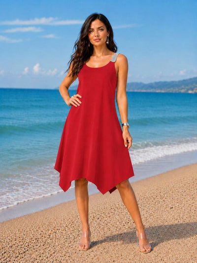 Rochie midi din viscoză pentru femei, bretele, guler rotund, detaliu croit asimetric, 35982