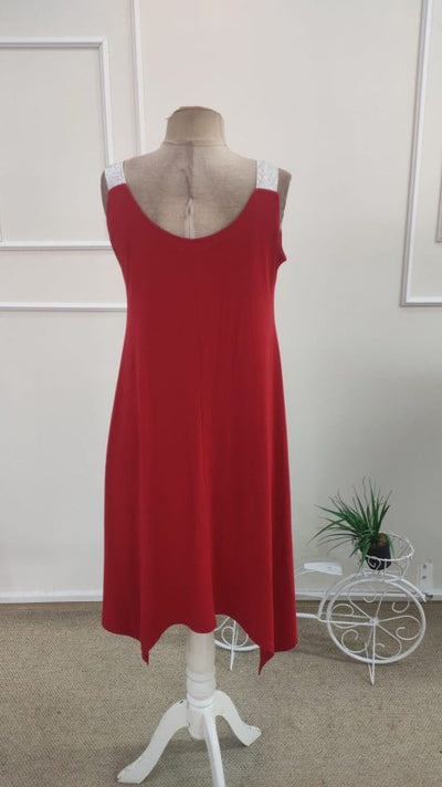 Rochie midi din viscoză pentru femei, bretele, guler rotund, detaliu croit asimetric, 35982