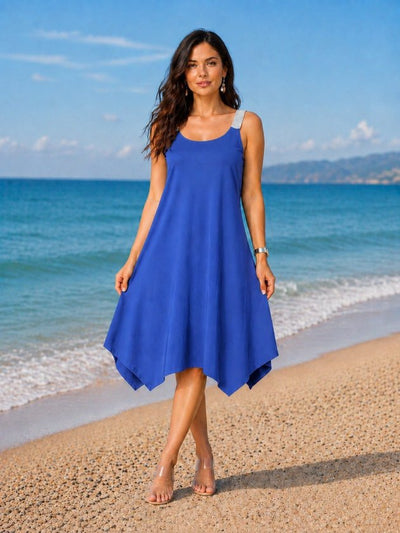 Rochie midi din viscoză pentru femei, bretele, guler rotund, detaliu croit asimetric, 35983