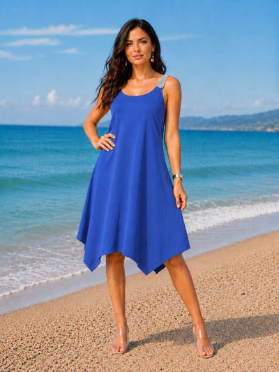 Rochie midi din viscoză pentru femei, bretele, guler rotund, detaliu croit asimetric, 35983