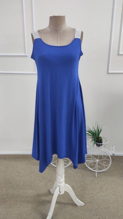 Rochie midi din viscoză pentru femei, bretele, guler rotund, detaliu croit asimetric, 35983