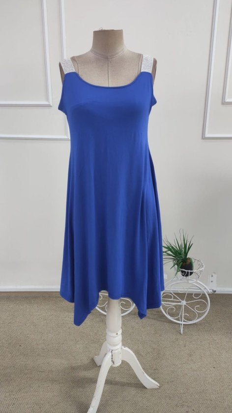 Rochie midi din viscoză pentru femei, bretele, guler rotund, detaliu croit asimetric, 35983