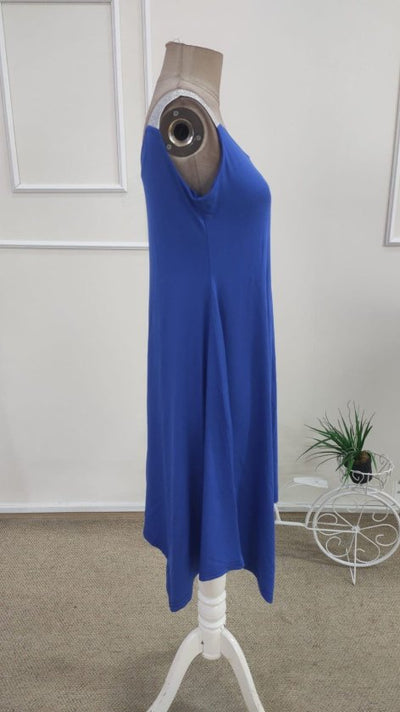 Rochie midi din viscoză pentru femei, bretele, guler rotund, detaliu croit asimetric, 35983