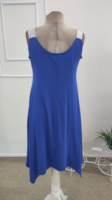 Rochie midi din viscoză pentru femei, bretele, guler rotund, detaliu croit asimetric, 35983