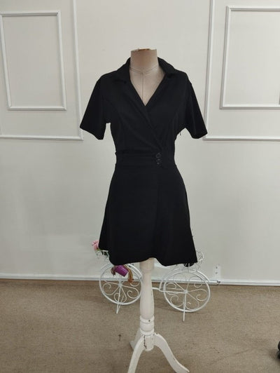 Rochie Scurtă din Crepon Importat pentru Femei cu Mâneci Scurte, Guler, Nasturi pe Latura, 37645
