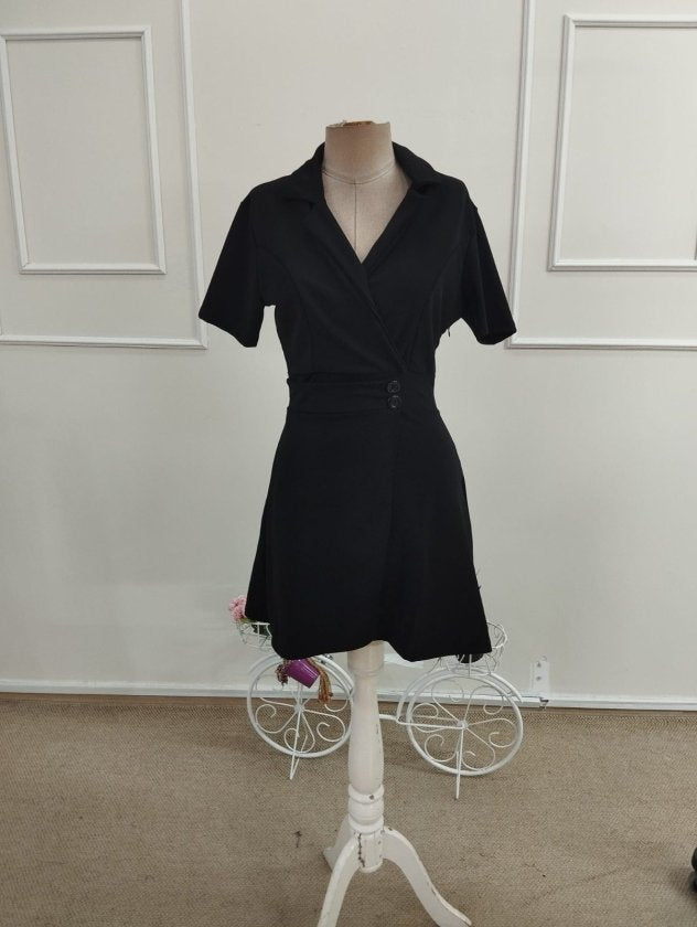 Rochie Scurtă din Crepon Importat pentru Femei cu Mâneci Scurte, Guler, Nasturi pe Latura, 37645