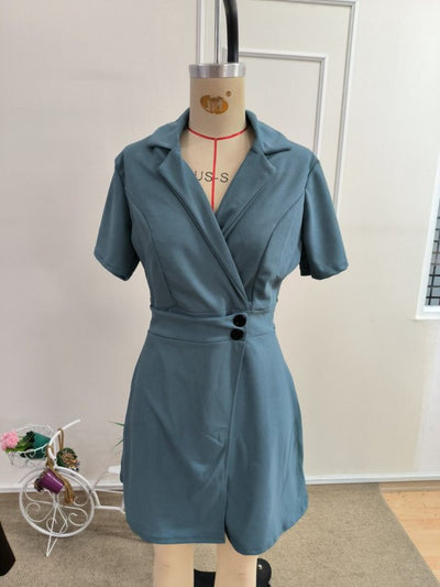 Rochie Scurtă din Crepon Importat pentru Femei cu Mâneci Scurte, Guler, Nasturi pe Latura, 37646