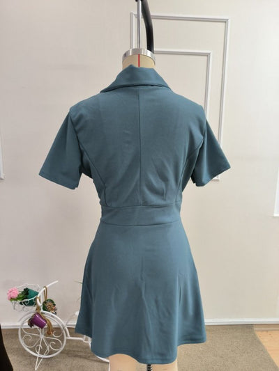 Rochie Scurtă din Crepon Importat pentru Femei cu Mâneci Scurte, Guler, Nasturi pe Latura, 37646