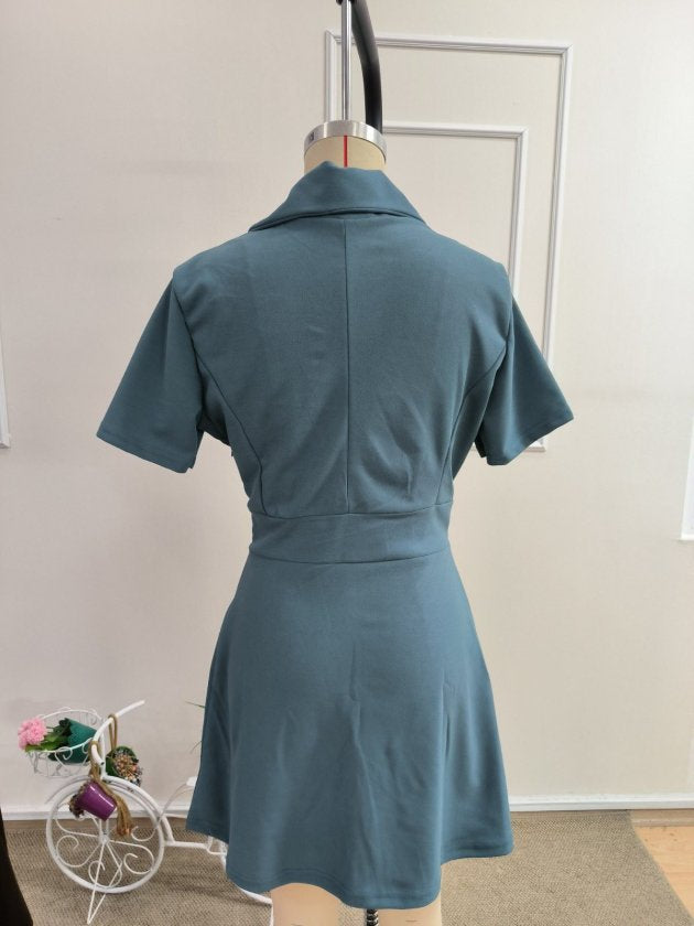 Rochie Scurtă din Crepon Importat pentru Femei cu Mâneci Scurte, Guler, Nasturi pe Latura, 37646
