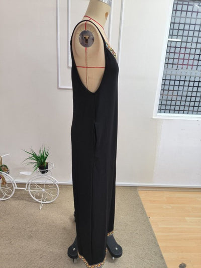 Salopetă din crepe Janjan pentru femei, bretele, guler V, model etnic pe dungi, cu buzunar, 36059