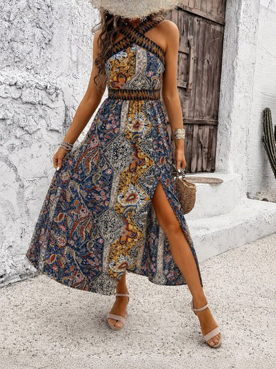 Rochie lungă de damă, cu decolteu în V, tip off-shoulder, cu bandă încrucișată, model etnic și șliț, din jerseu, 36066