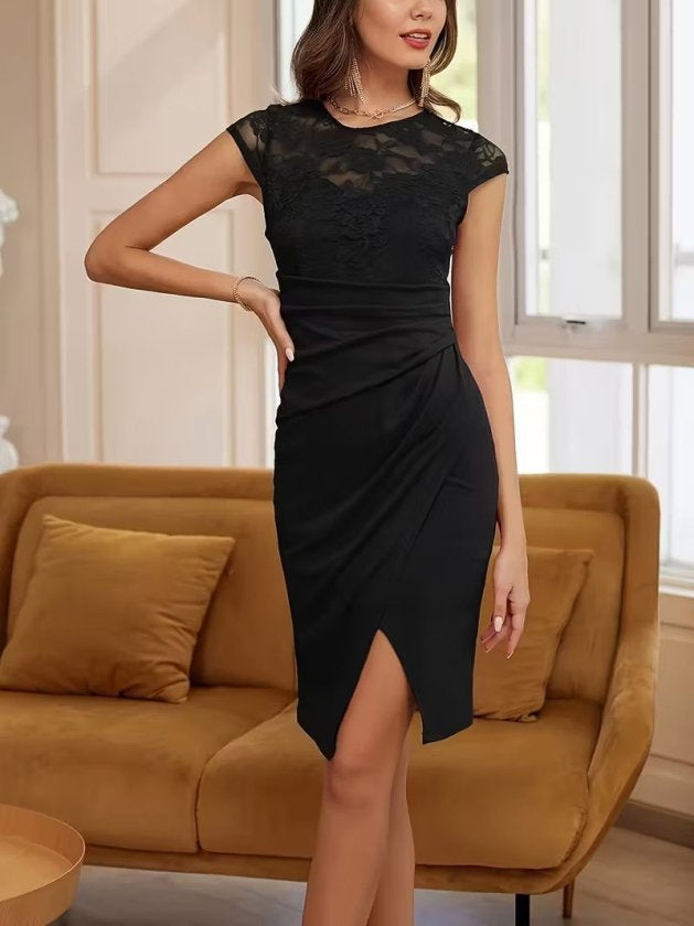 Rochie Scurtă din Crepon Importat pentru Femei cu Mâneci Scurte, Guler Rotund, Plisare Frontală, 37675
