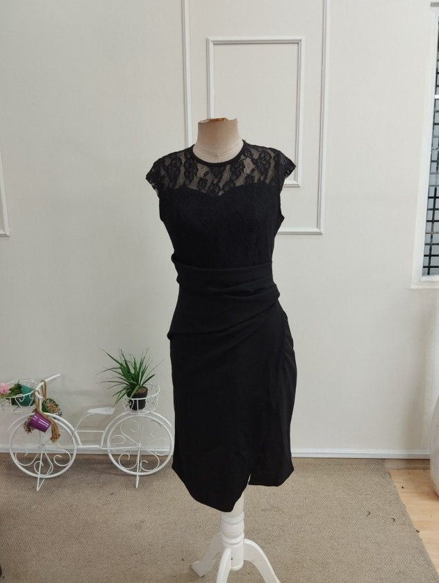 Rochie Scurtă din Crepon Importat pentru Femei cu Mâneci Scurte, Guler Rotund, Plisare Frontală, 37675
