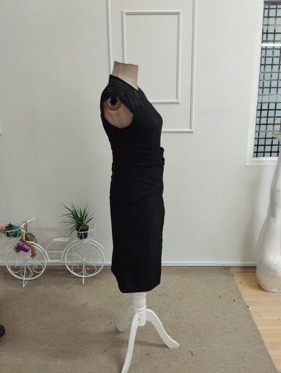 Rochie Scurtă din Crepon Importat pentru Femei cu Mâneci Scurte, Guler Rotund, Plisare Frontală, 37675