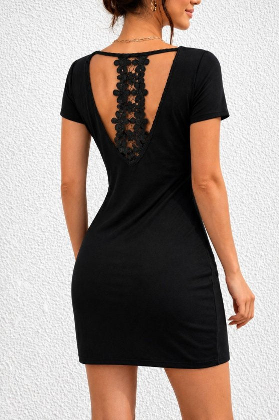 Rochie din viscoză două fire pentru femei, mânecă scurtă, detaliu dantelă pe spate, scurtă, 36097